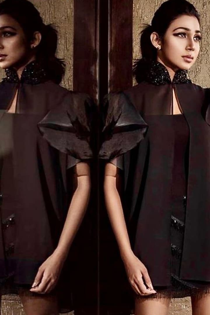 Black Georgette & Organza Embroidered Cape by Richaa Goenka at Pernia's Pop Up Shop