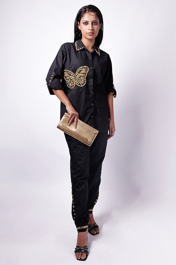 Black Cotton Stud Work Co-ord Set by Richaa Goenka at Pernia's Pop Up Shop