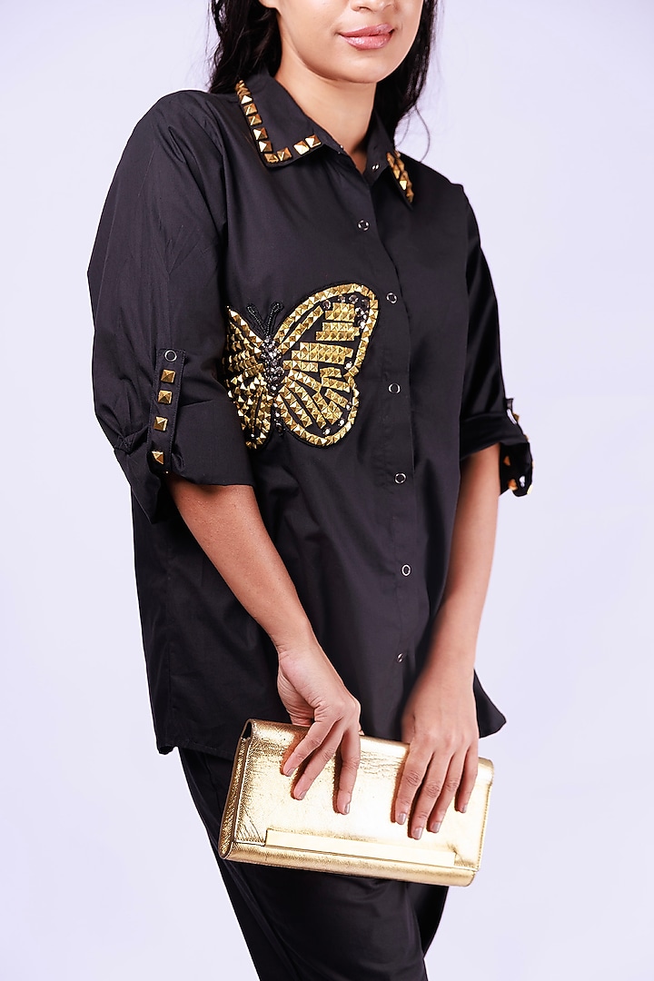 Black Cotton Stud Work Co-ord Set by Richaa Goenka at Pernia's Pop Up Shop