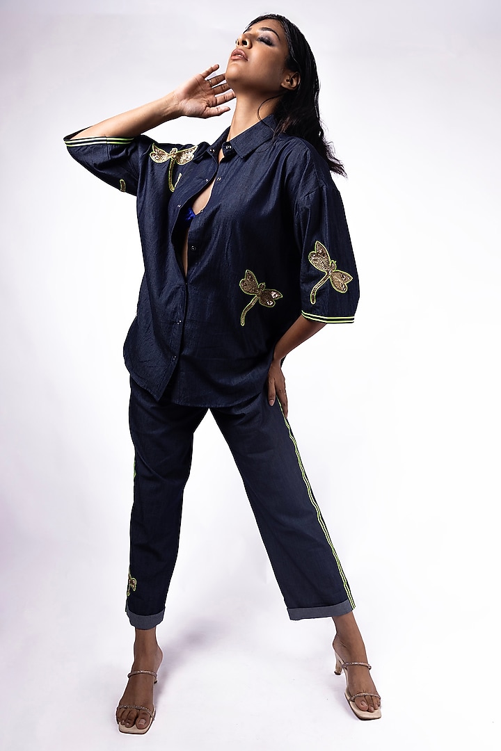 Blue Denim Embroidered Co-ord Set by Richaa Goenka at Pernia's Pop Up Shop