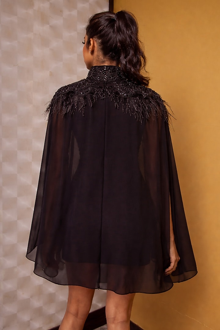 Black Georgette Embroidered Front-Open Cape by Richaa Goenka at Pernia's Pop Up Shop