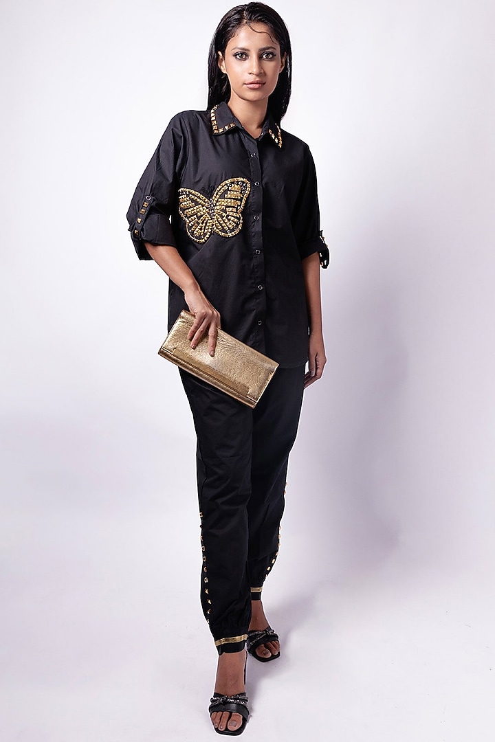 Black Cotton Studwork Shirt by Richaa Goenka at Pernia's Pop Up Shop