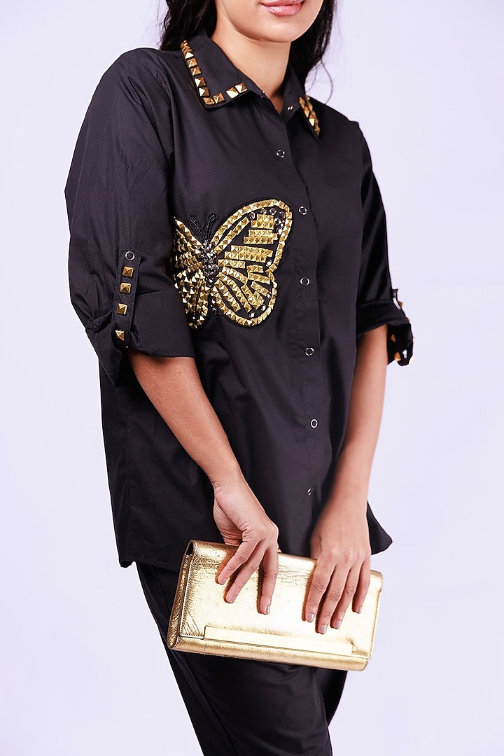 Black Cotton Studwork Shirt by Richaa Goenka at Pernia's Pop Up Shop