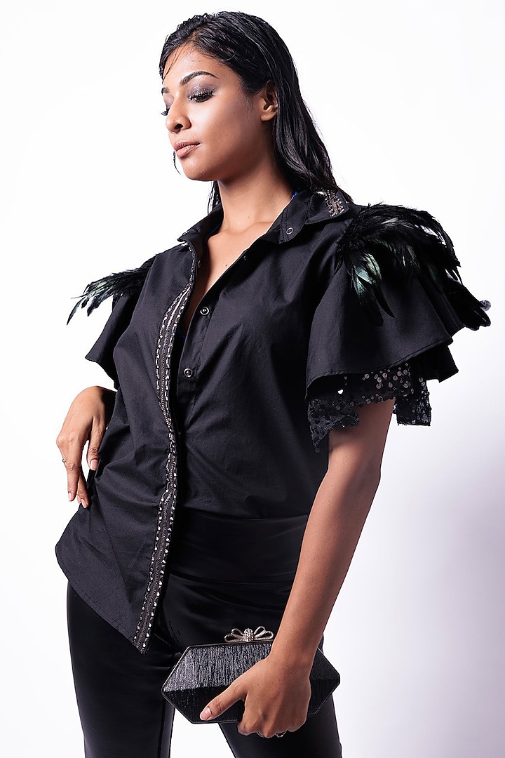 Black Cotton & Sequin Shirt by Richaa Goenka at Pernia's Pop Up Shop