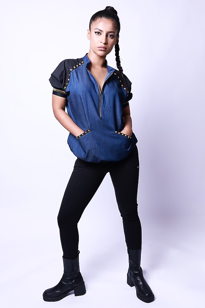 Blue Denim Bomber Jacket by Richaa Goenka at Pernia's Pop Up Shop