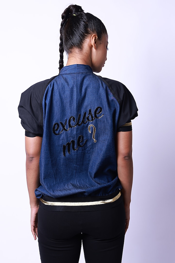 Blue Denim Bomber Jacket by Richaa Goenka at Pernia's Pop Up Shop