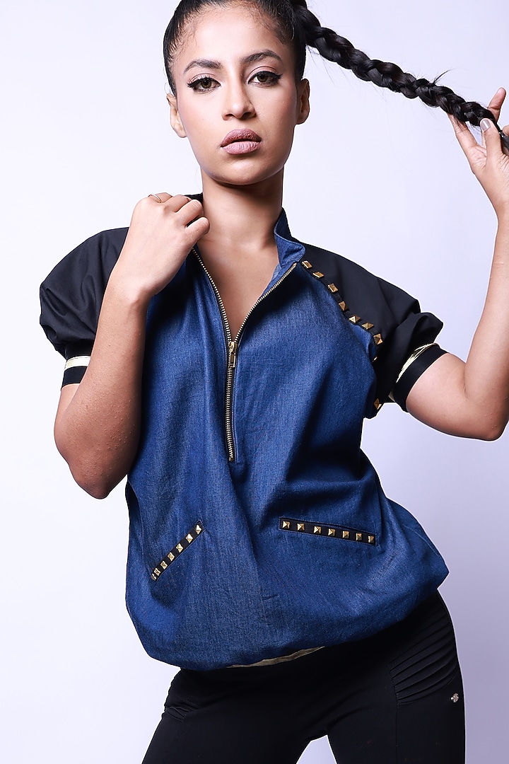 Blue Denim Bomber Jacket by Richaa Goenka at Pernia's Pop Up Shop