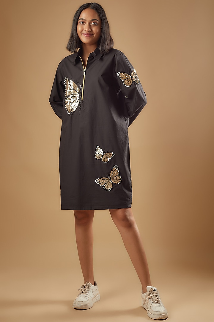 Black Cotton Sequins Embroidered Knee-Length Dress by Richaa Goenka