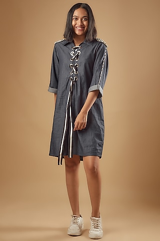 Blue Denim Hand Embroidered Knee-Length Dress by Richaa Goenka