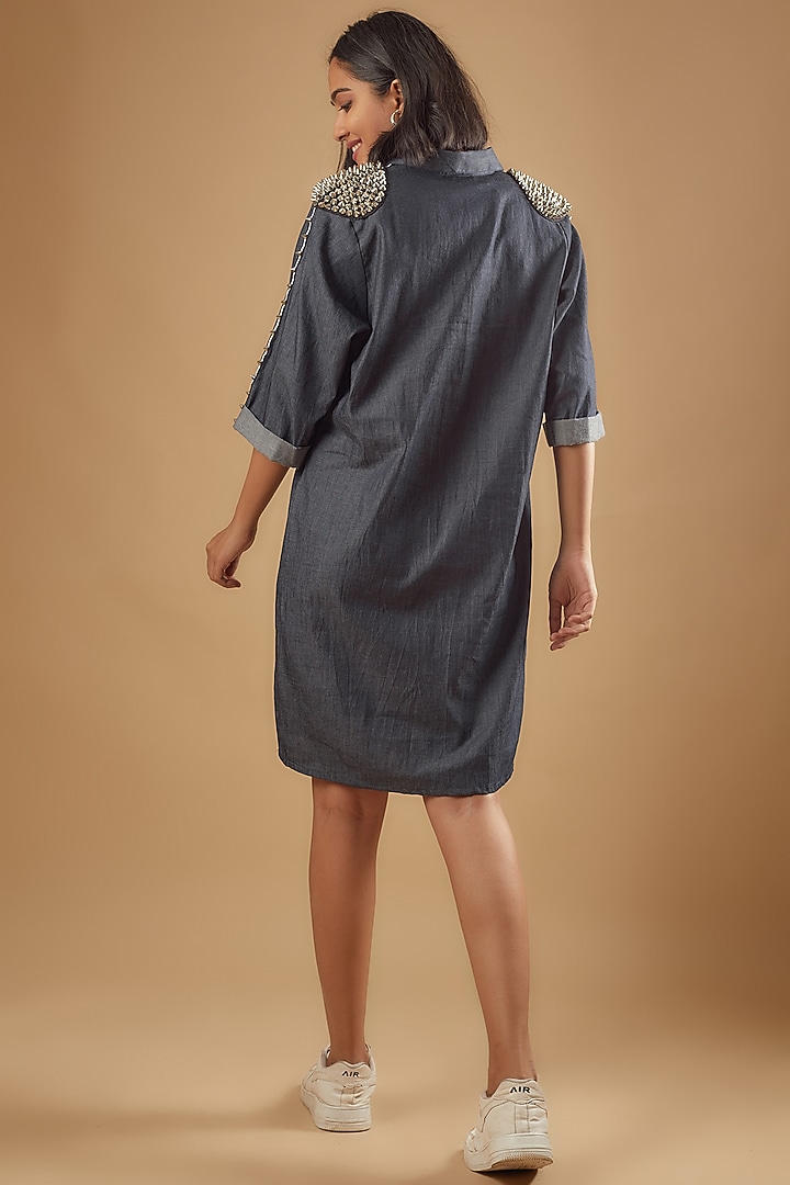 Blue Denim Hand Embroidered Knee-Length Summer Dress by Richaa Goenka at Pernia's Pop Up Shop