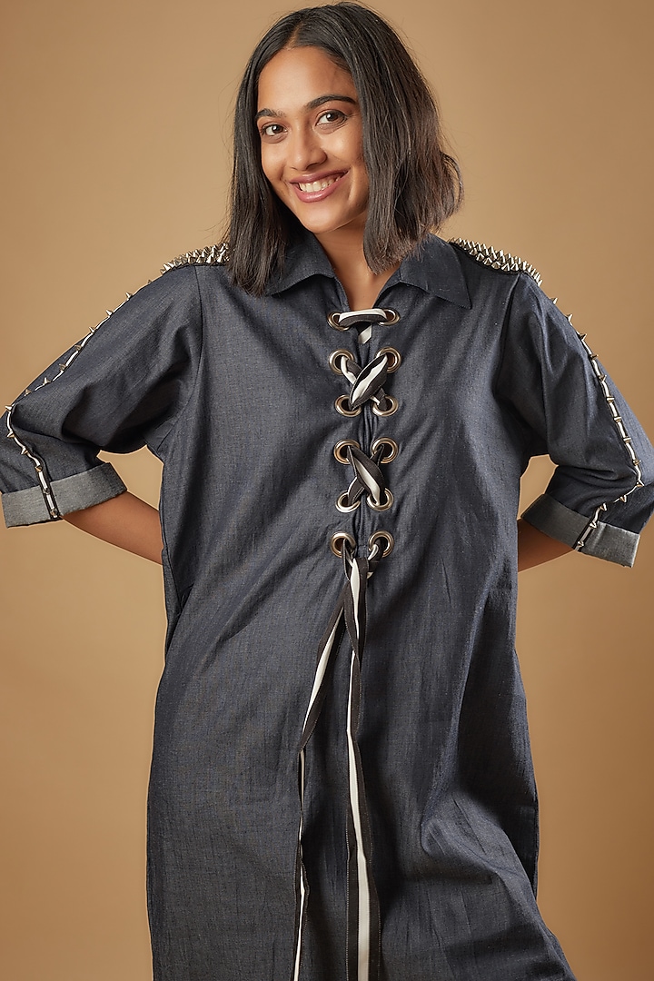 Blue Denim Hand Embroidered Knee-Length Summer Dress by Richaa Goenka at Pernia's Pop Up Shop