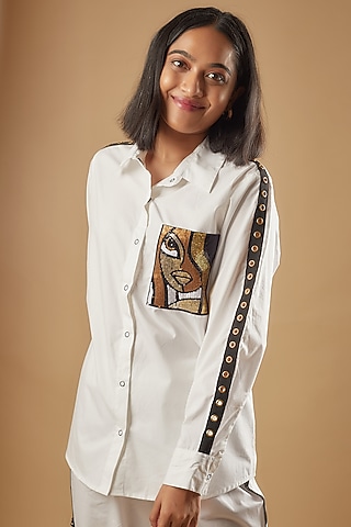 White Cotton Sequins Embroidered Shirt by Richaa Goenka