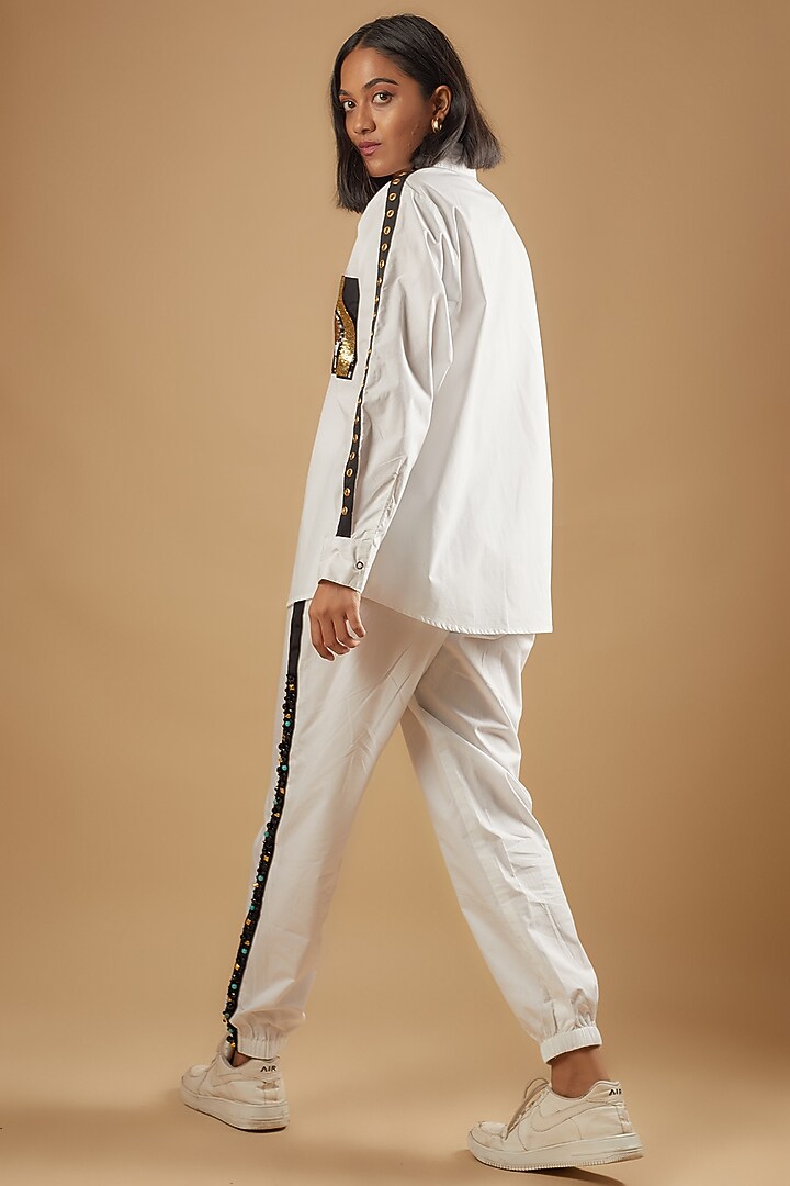 White Cotton Sequins Embroidered Shirt by Richaa Goenka at Pernia's Pop Up Shop