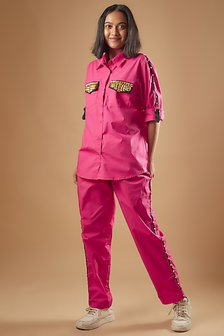 Hot pink Cotton Hand Embroidered Co-Ord Set by Richaa Goenka