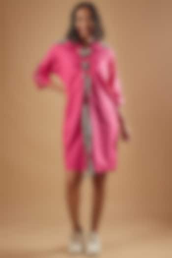 Hot Pink Cotton Hand Embroidered Knee-Length Dress by Richaa Goenka