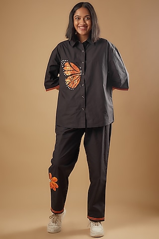 Black Cotton Sequins Embroidered Co-Ord Set by Richaa Goenka