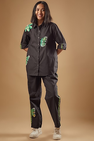 Black Cotton Sequins Embroidered Co-Ord Set by Richaa Goenka