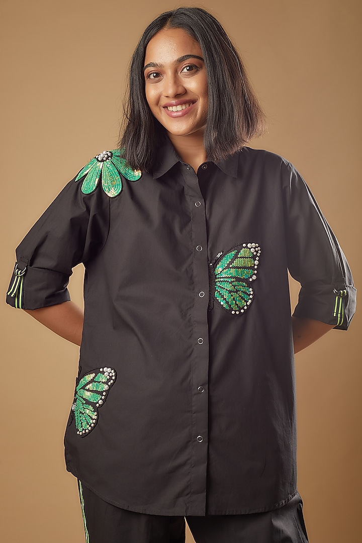Black Cotton Sequins Embroidered Co-Ord Set by Richaa Goenka at Pernia's Pop Up Shop