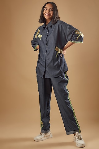 Blue Denim Zardosi Embroidered Co-Ord Set by Richaa Goenka