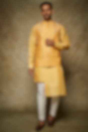 Yellow Silk Dupion Hand Embroidered Bundi Jacket With Kurta Set by Rohit Gandhi & Rahul Khanna Men