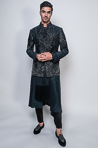 Imperial Teal Velvet Embroidered Bandhgala Jacket by Rohit Gandhi & Rahul Khanna Men