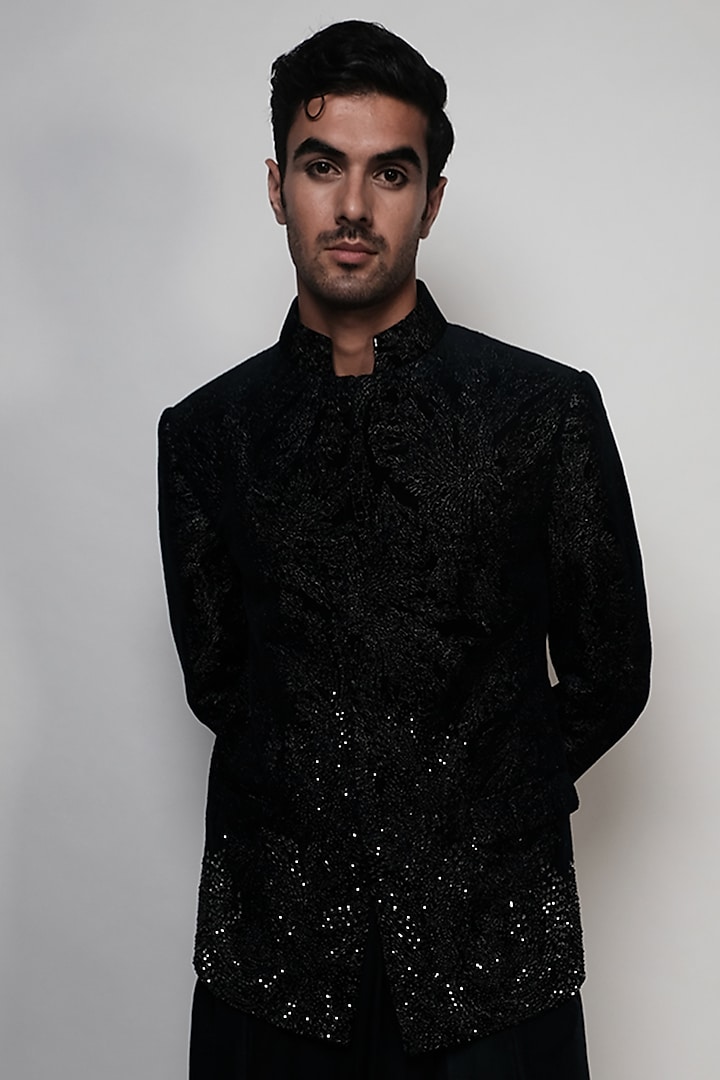 Imperial Teal Velvet Embroidered Groom Bandhgala Jacket by Rohit Gandhi & Rahul Khanna Men at Pernia's Pop Up Shop