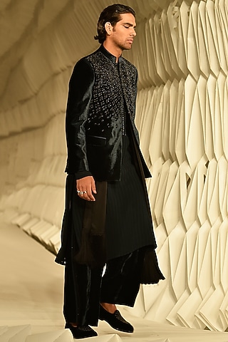 Bottle Green Silk Velvet Embroidered Bandhgala Jacket by Rohit Gandhi & Rahul Khanna Men