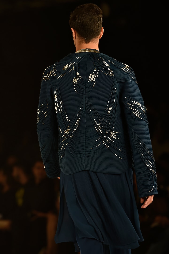 Victorian Teal Crepe Embroidered Jacket by Rohit Gandhi & Rahul Khanna Men at Pernia's Pop Up Shop