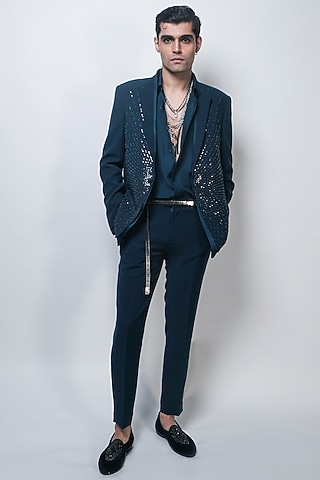 Imperial Teal Satin Embroidered Tuxedo Jacket by Rohit Gandhi & Rahul Khanna Men