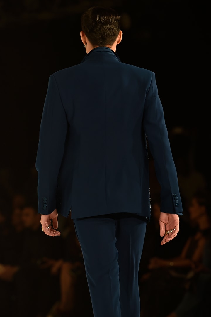Imperial Teal Satin Embroidered Tuxedo Jacket by Rohit Gandhi & Rahul Khanna Men at Pernia's Pop Up Shop