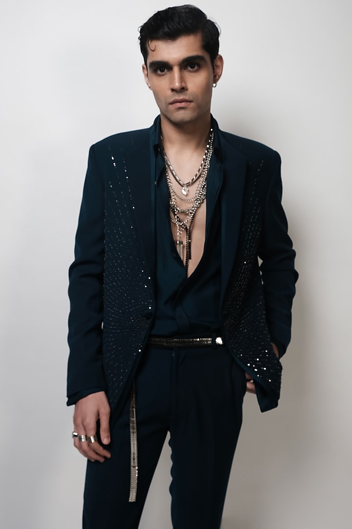 Imperial Teal Satin Embroidered Tuxedo Jacket by Rohit Gandhi & Rahul Khanna Men at Pernia's Pop Up Shop