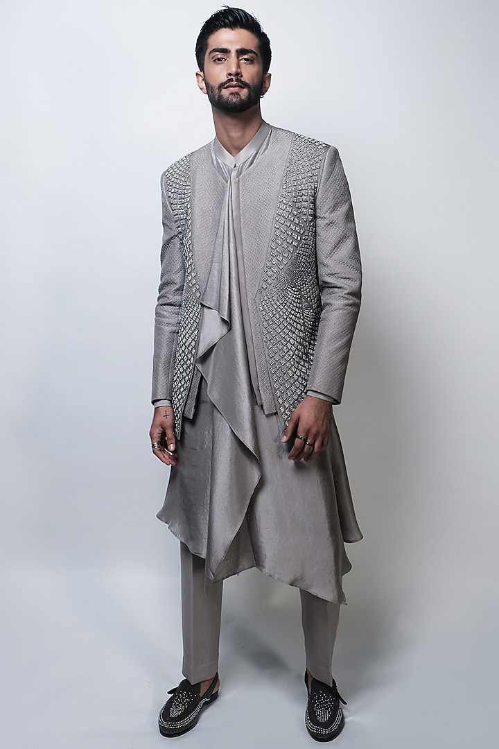 Gunmetal Silk Hand Embroidered Jacket by Rohit Gandhi & Rahul Khanna Men at Pernia's Pop Up Shop