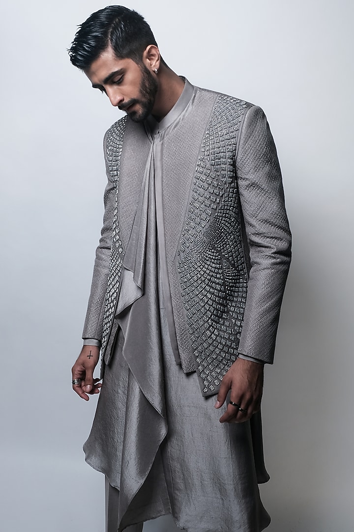 Gunmetal Silk Hand Embroidered Jacket by Rohit Gandhi & Rahul Khanna Men at Pernia's Pop Up Shop