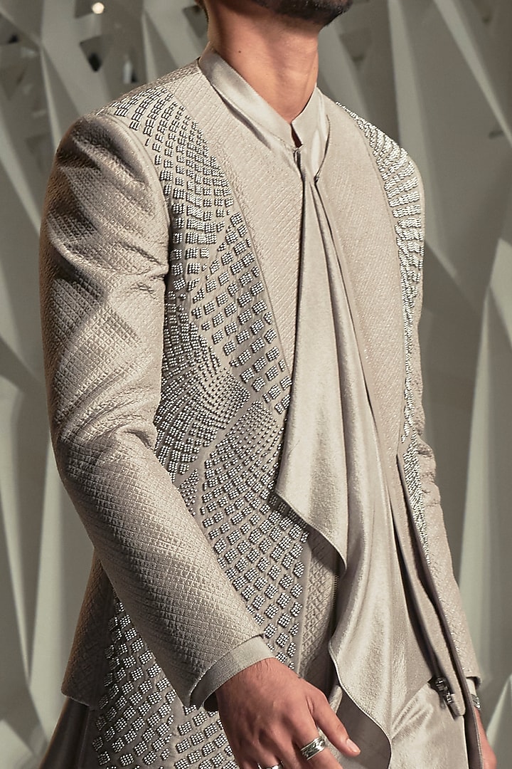 Gunmetal Silk Hand Embroidered Jacket by Rohit Gandhi & Rahul Khanna Men at Pernia's Pop Up Shop