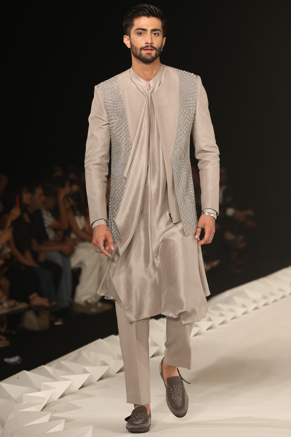 Gunmetal Satin Asymmetrical Draped Kurta Set  by Rohit Gandhi & Rahul Khanna Men