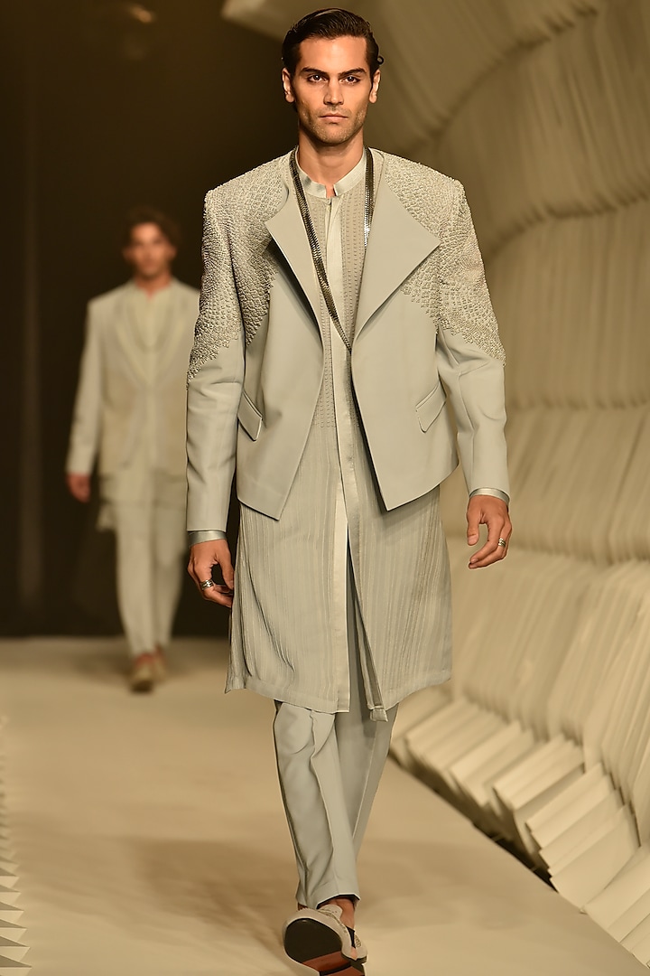 Ice Blue Crepe Embroidered Jacket by Rohit Gandhi & Rahul Khanna Men