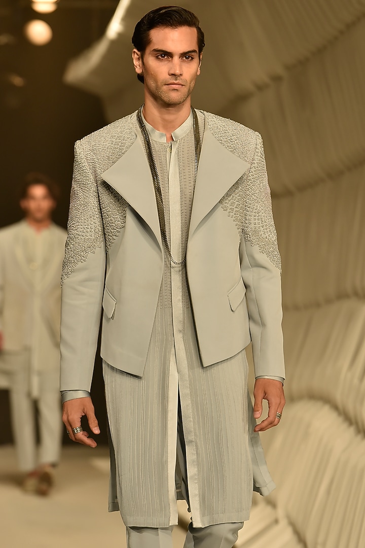 Ice Blue Crepe Embroidered Jacket by Rohit Gandhi & Rahul Khanna Men at Pernia's Pop Up Shop