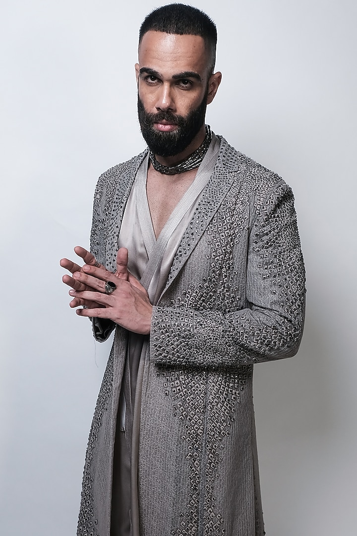 Gunmetal Tulle Embroidered Long Jacket by Rohit Gandhi & Rahul Khanna Men at Pernia's Pop Up Shop