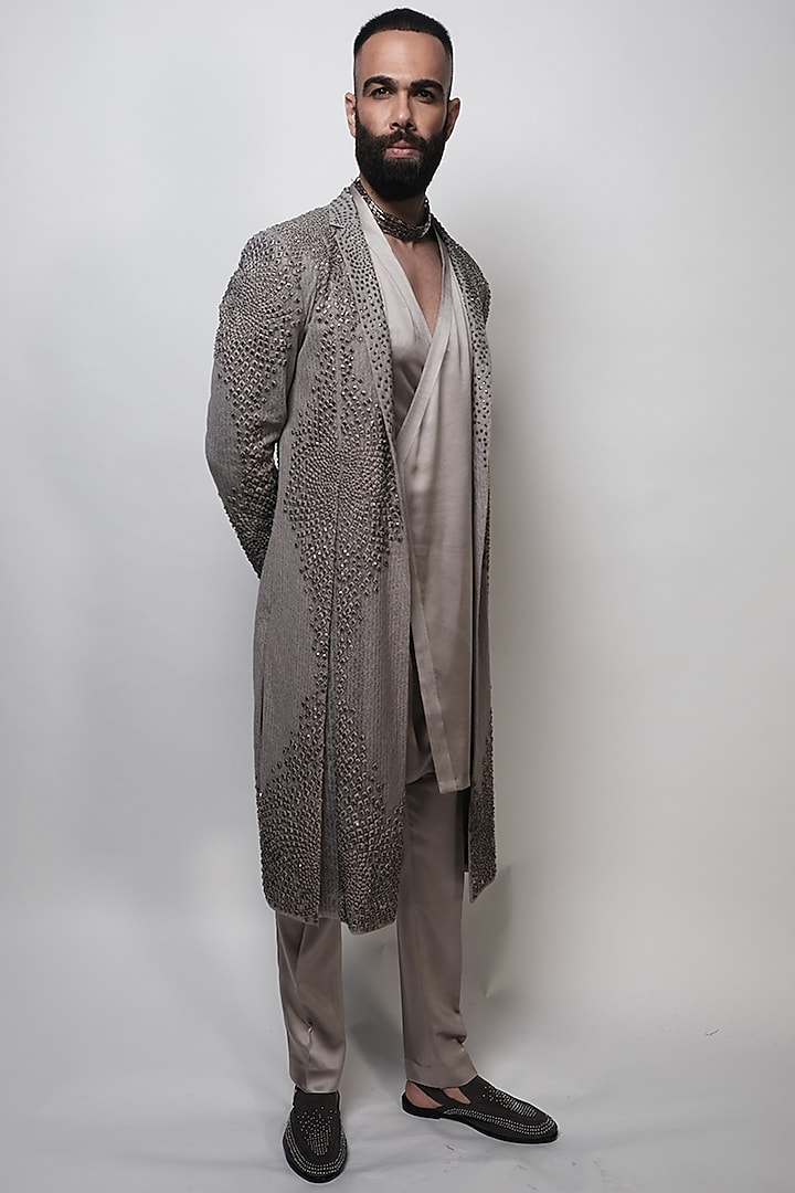 Gunmetal Satin Wrap-Around Kurta by Rohit Gandhi & Rahul Khanna Men at Pernia's Pop Up Shop