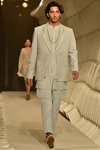 Ice Blue Crepe Embroidered Tuxedo Jacket by Rohit Gandhi & Rahul Khanna Men