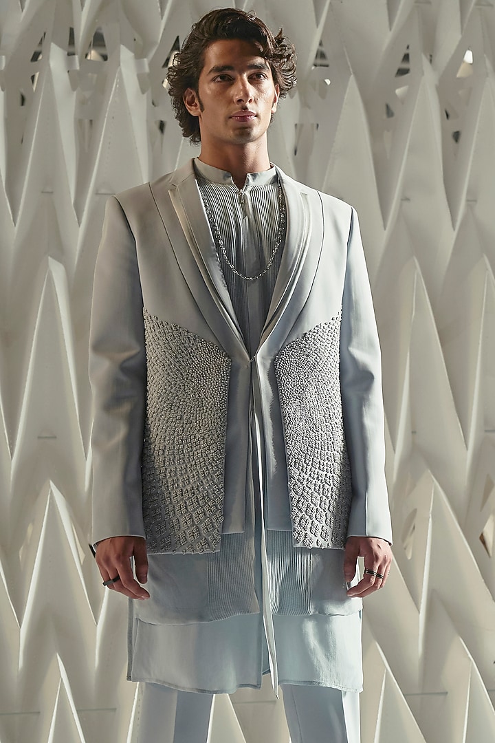 Ice Blue Crepe Embroidered Tuxedo Jacket by Rohit Gandhi & Rahul Khanna Men at Pernia's Pop Up Shop