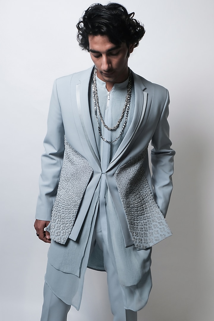 Ice Blue Crepe Embroidered Tuxedo Jacket by Rohit Gandhi & Rahul Khanna Men at Pernia's Pop Up Shop