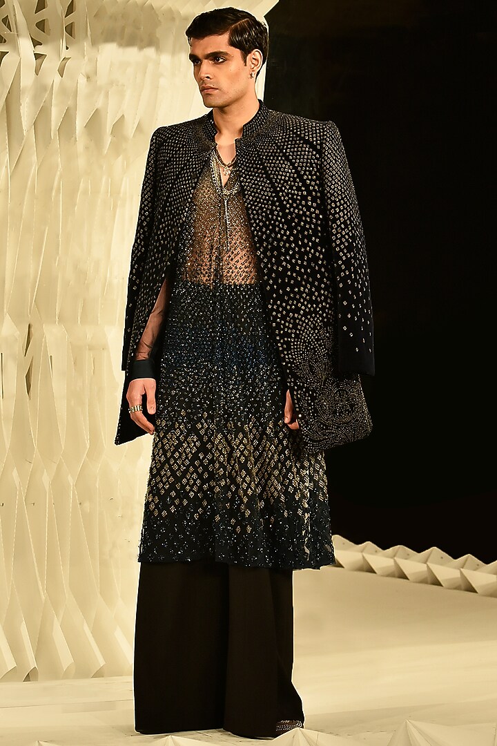 Imperial Teal Velvet Embroidered Groom Sherwani by Rohit Gandhi & Rahul Khanna Men at Pernia's Pop Up Shop