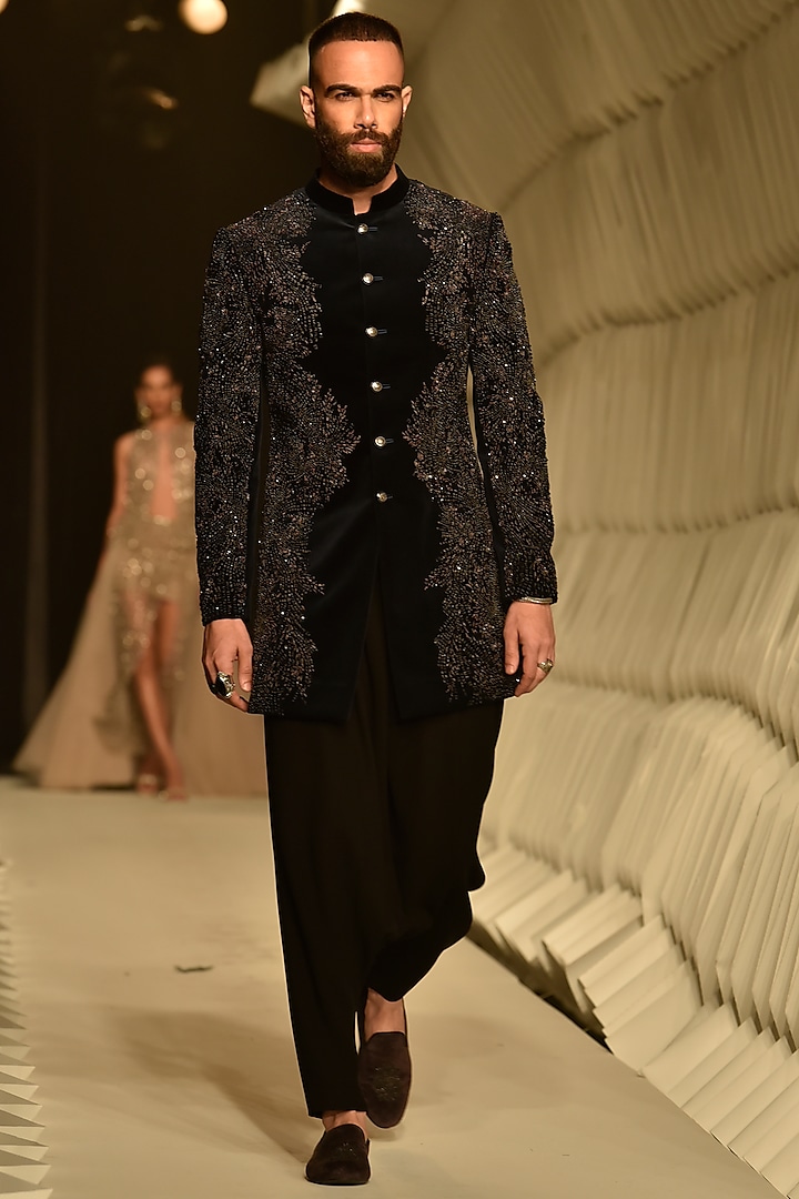 Imperial Teal Velvet Embroidered Groom Sherwani by Rohit Gandhi & Rahul Khanna Men at Pernia's Pop Up Shop