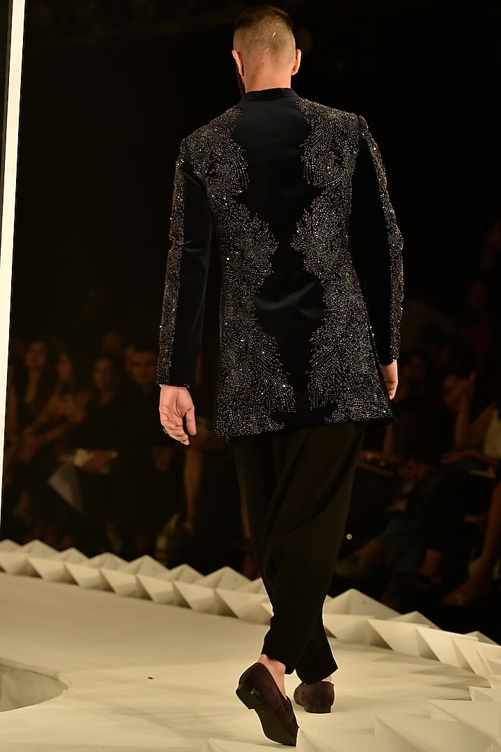 Imperial Teal Velvet Embroidered Groom Sherwani by Rohit Gandhi & Rahul Khanna Men at Pernia's Pop Up Shop