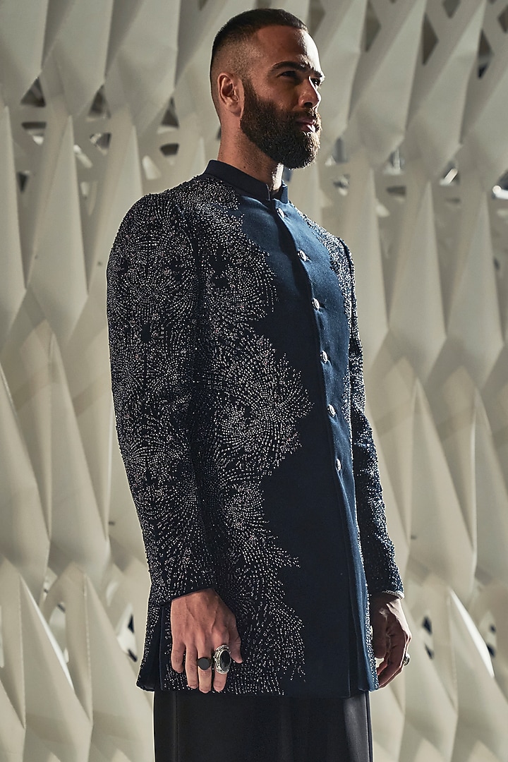 Imperial Teal Velvet Embroidered Groom Sherwani by Rohit Gandhi & Rahul Khanna Men at Pernia's Pop Up Shop