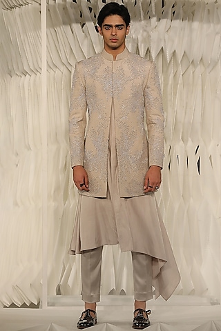 Regal Beige Silk Embroidered Sherwani by Rohit Gandhi & Rahul Khanna Men