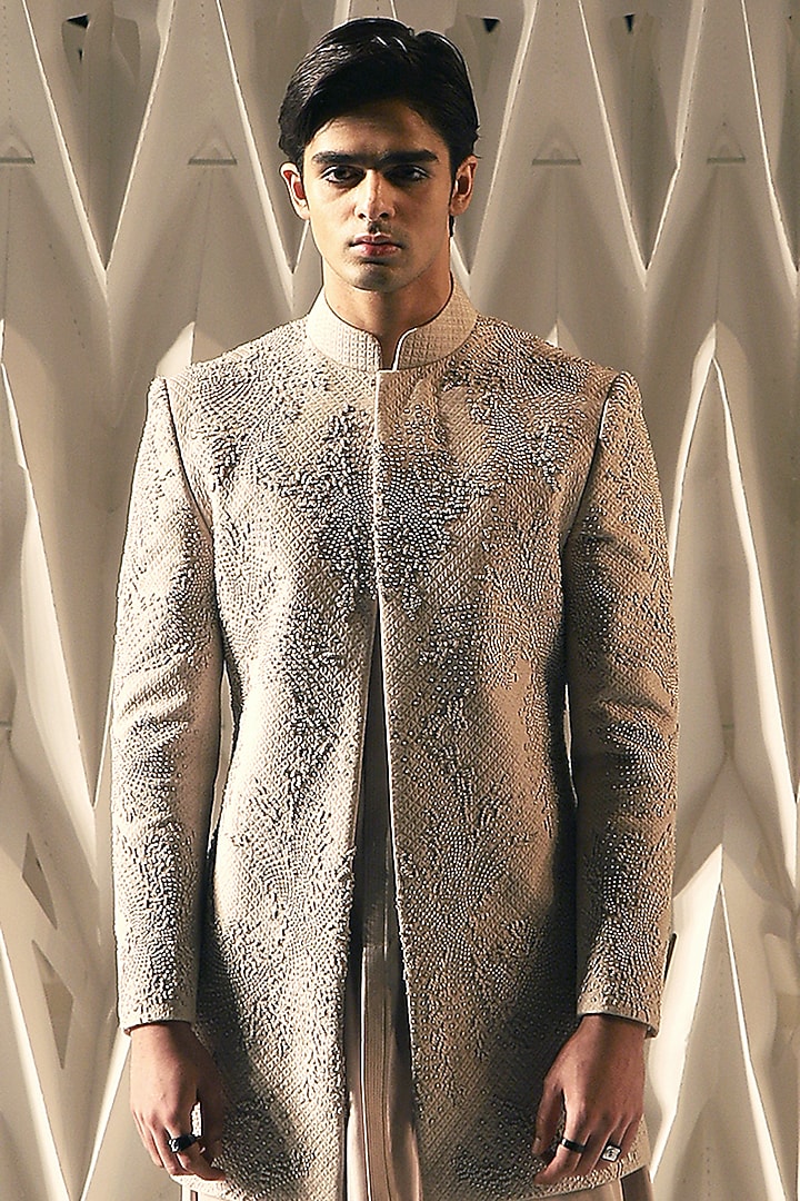 Regal Beige Silk Embroidered Groom Sherwani by Rohit Gandhi & Rahul Khanna Men at Pernia's Pop Up Shop