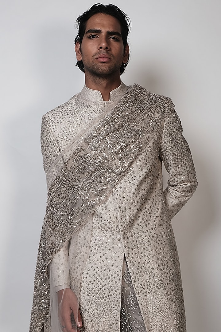 Hearthstone Georgette Embroidered Groom Sherwani by Rohit Gandhi & Rahul Khanna Men at Pernia's Pop Up Shop
