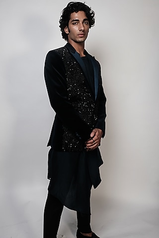 Imperial Teal Velvet Embellished Tuxedo Jacket by Rohit Gandhi & Rahul Khanna Men